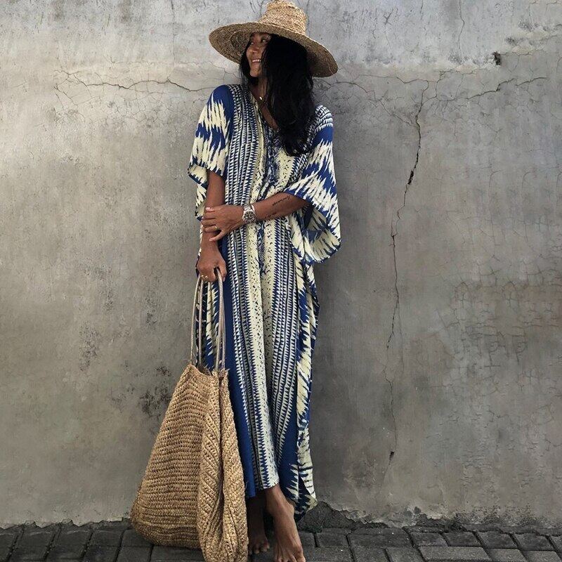 New Bikini Cover-ups Retro Snake Printed Self Belted Women Summer Dress Tunic Plus Size Beach Wear Swim Suit Cover Up