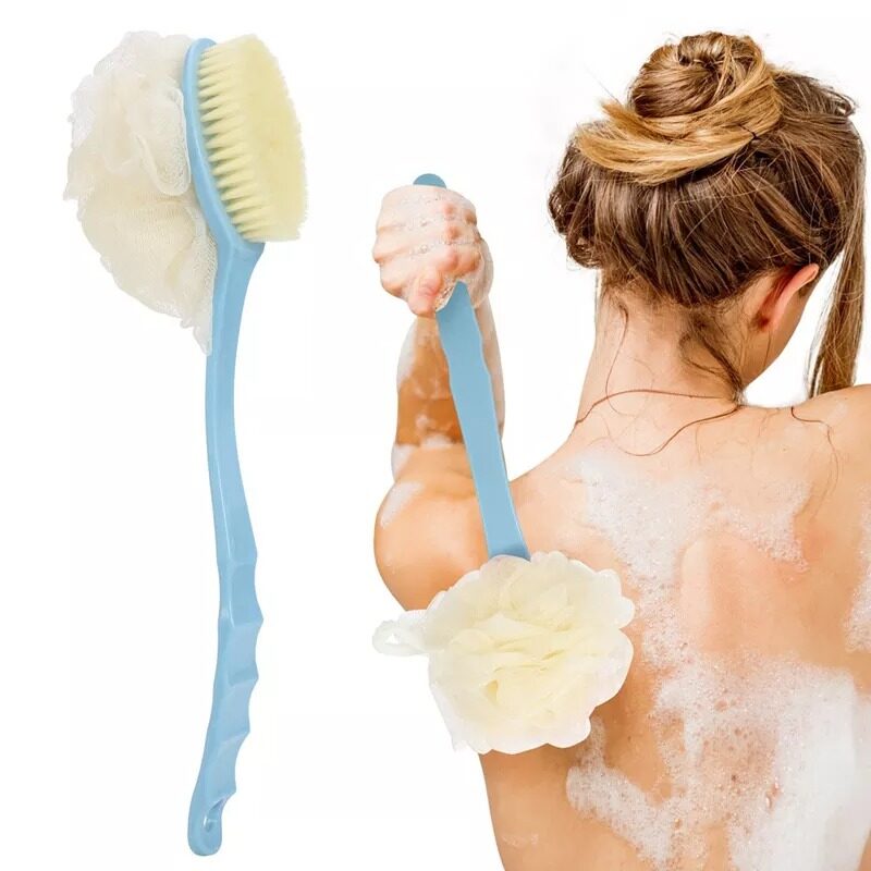 CYALLY MEE Long Handle Soft Hair Bath Brush Sunwuun Back Scrubber Body Brush Loofah Dry Brushing Body Brush With Handle For Shower With Loofah, 2-in-1 Multifunction Bath Brush Mesh Sponge With Curved 